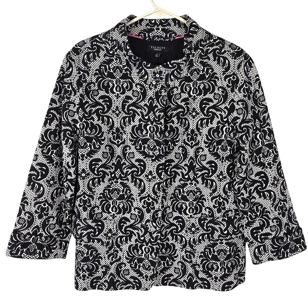 TALBOTS Blazer Womens 16 Black White Damask Floral Lace Pattern Classic Festive